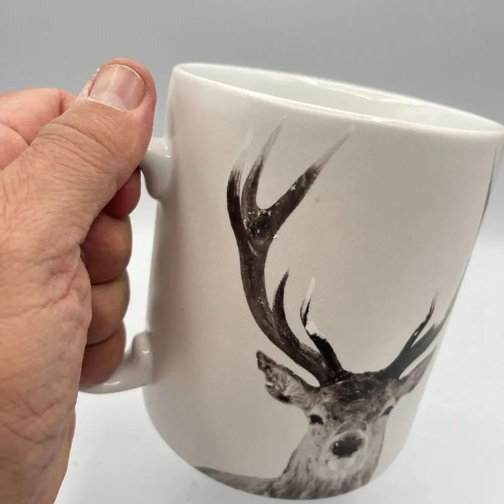 Pier 1 Snow Forest Winter Buck Deer Porcelain Coffee Mug Dishwash Microwave 5”
